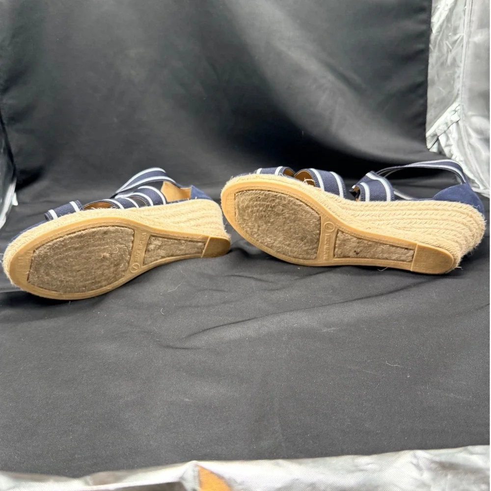 Talbots Navy White Striped Elastic Espadrille Wedge Sandals Womens 7